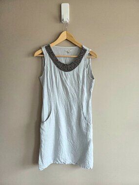 Lina Tomei Italian 100% Linen Light Grey Shift Dress Beaded Scoop Neck